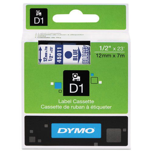 D1 Standard Tape Cartridge for Dymo Label Makers, 1/2in x 23ft, Blue on Clear