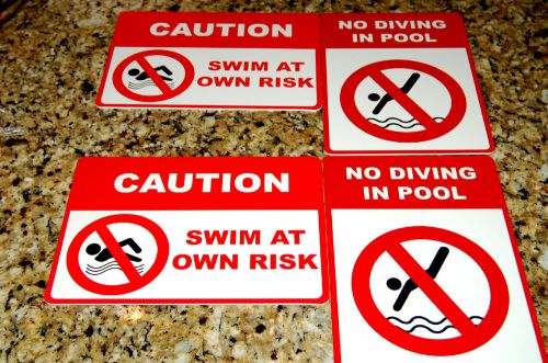Pool Warning Signs &#034;Caution Swim At Own Risk&#034; &amp; &#034;No Diving In Pool&#034; Water Dive