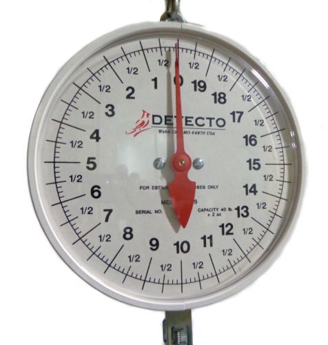 Detecto hanging scale model mcs-40df w/ 13  1/2 &#034; round stainless steel pan for sale