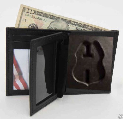 Black Leather Bi-Fold Hidden Badge Shield 2 ID Card Window Case Wallet Holder