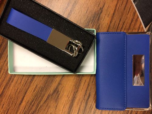 NEW! Professional Blue Business Card Holder And Key Ring Matching Set