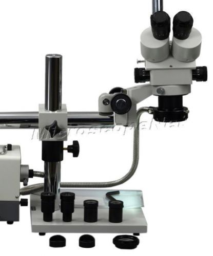 Trinocular 3.5X-90X Zoom Stereo Boom Stand Microscope+Cold Ring Fiber Light New
