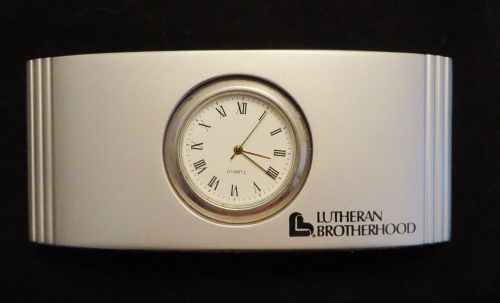 Vintage business card holder w/ CLOCK, Lutheran Brotherhood, paper weight, clean