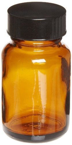Chemglass CG-821-11 Glass Wide Mouth Amber Bottle with Polyseal Black Cap, 44mm