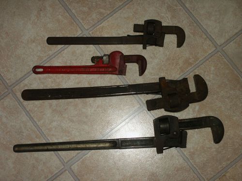 4 Vintage Pipe Wrenches Pexto 24&#034; Walworth 24&#034; Fuller 14&#034; No. 43 &amp; Unmarked 18&#034;