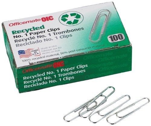 Officemate recycled no. 1 paper clips, pack of 10 boxes of 100 clips each for sale
