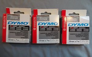 THREE (3) DYMO D1 Label Cassettes 12mm (1/2&#034;) x 7m (23&#039;) #45020 White on Clear