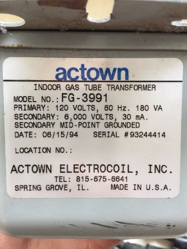 actown indoor gas tube transformer model#fg-3991