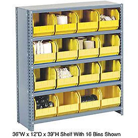 Closed bin shelving w/5 shelves &amp; 8 yellow bins, 36x18x39 for sale