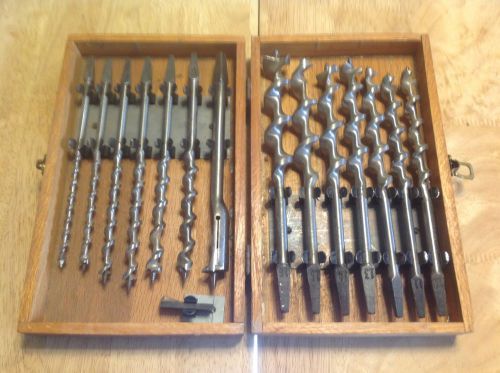 Vintage irwin 14 auger bits 1/4&#034; - 1&#034; + adjustable bit wood box carpenters set for sale