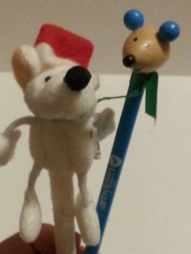 Lot 2 Mouse pen &amp; pencil Christmas Santa hat blue wood white plush