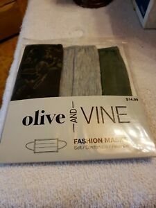 New In Packaging Olive And Vine Fashion 3 Face Masks. One Size Fits All Reusable