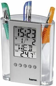 Hama LCD Thermometer Clock and Pen Holder Transparent/Silver