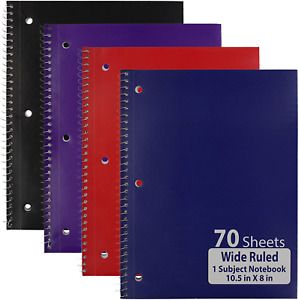 Emraw Single Subject Notebook Spiral with 70 Sheets of Wide Ruled White Paper -