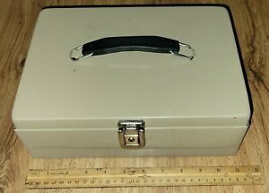 Vintage Tan Metal Locking Money Petty Cash Box with Key &amp; Tray