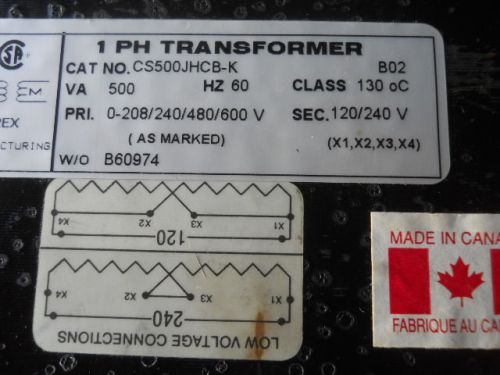 Industrial Controls Transformer CS500JHCB-K VA:500 HZ:60 1 Phase 240V 480V