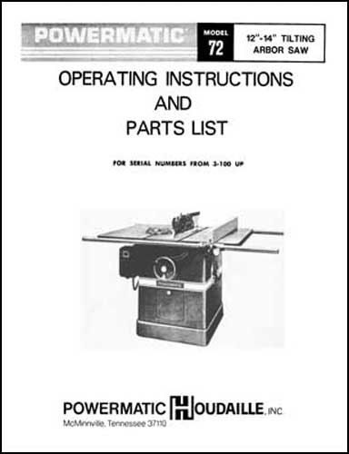 Powermatic Model 72 12 or 14 Inch Saw Manual