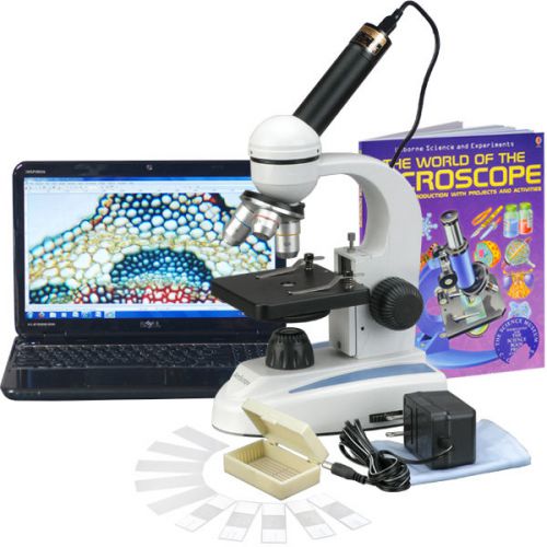 40x-1000x student microscope w glass lens &amp; metal frame + camera, slides &amp; book for sale