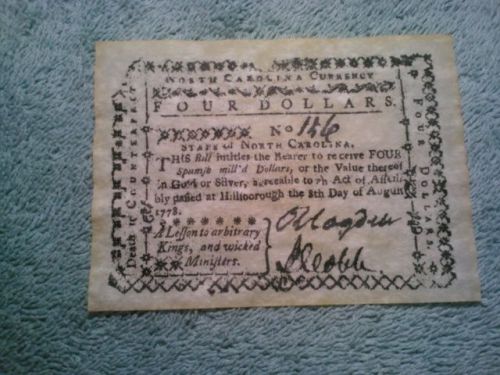 1778 Old North Carolina $4 dollar antiqued note bill bank look &amp; feels real copy