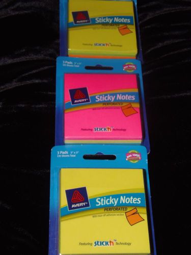 Avery® Perforated Sticky Notes 3x3&#034; 22552, 1 pkg = 135 sheets yellow,grn, orange