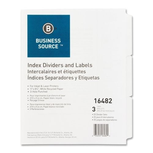 BSN16482 Index Dividers, 3HP, 3-Tab, 25 Sets/BX, 11&#034;x8-1/2&#034;,White