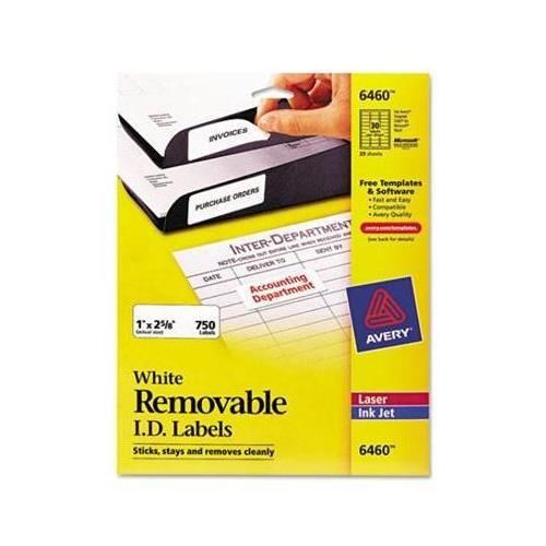 Avery 6460 ID Label,1&#034; Wx2.62&#034;L,750/Pack,Rectangle,30/Sheet,Laser,Inkjet, 5374