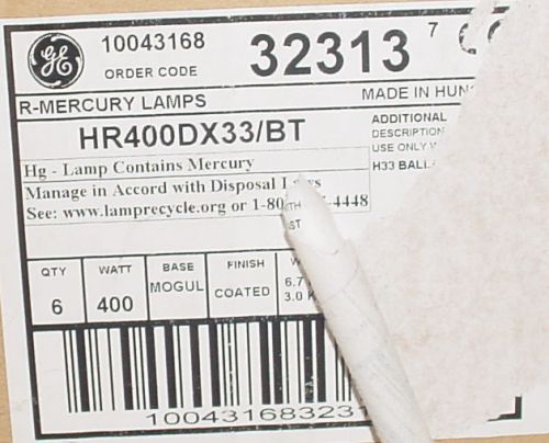 NEW CASE of 6 GE 400W, HR400DX33/BT, R-Mercury Lamp Bulbs, 400 Watt