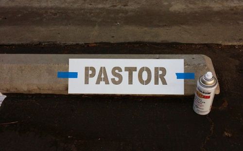 Parking lot stop block stencil sign, pastor, visitor, 1 hr, reserved for sale