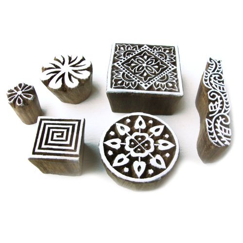 Floral hand carved block printing wooden design tags from india (set of 6) for sale