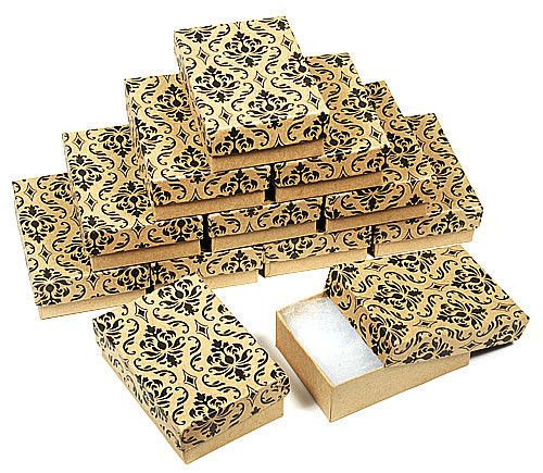 (12) Damask Print Kraft 3 1/4&#034; X 2 1/4&#034; Cotton Filled Jewelry Gift Boxes