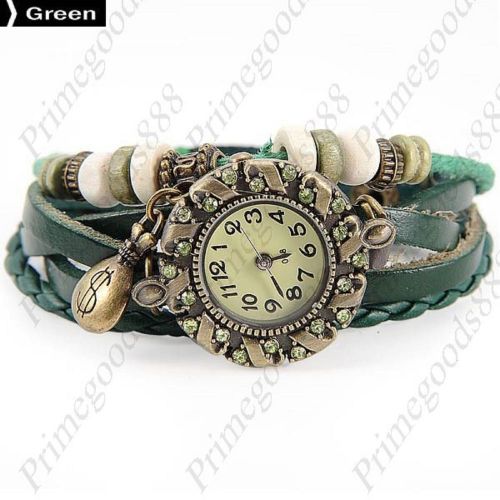 Crook Beads Purse Rhinestone PU Leather Lady Ladies Wristwatch Women&#039;s Green