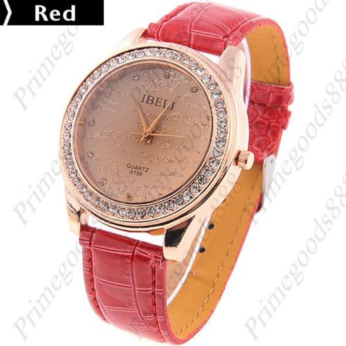 Gold Dust Face Rhinestones PU Leather Quartz Wrist Wristwatch Women&#039;s Red