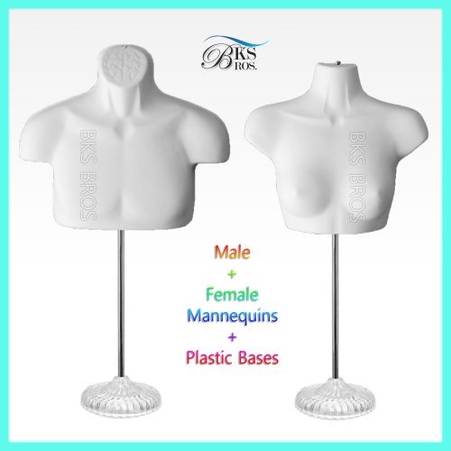 2 Mannequin Man Woman Male Female Torso (Chest Long) S-M White W/ Stand Displays