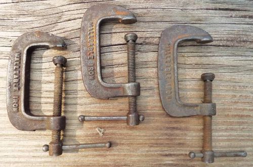 Vintage Rustic (3) Lot of 2&#034; Malleable Iron C Clamps Wood Metal Handyman USA