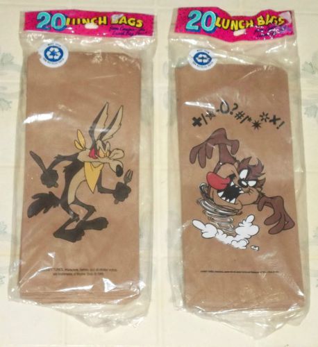 1995 issue 2 sealed packs of brown paper lunch bags-wiley coyote/tasmanian devil for sale