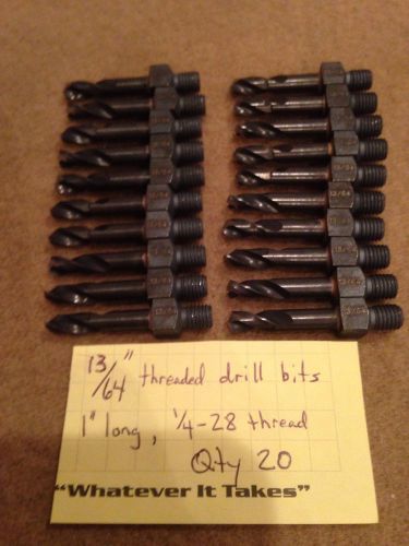 13/64&#034; threaded drill bits , qty 20, 1&#034; long, 1/4-28 thread for sale