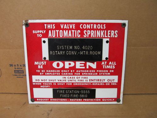 Vintage porcelain businessfactory safety &#034;automatic sprinkler system valve&#034; sign for sale