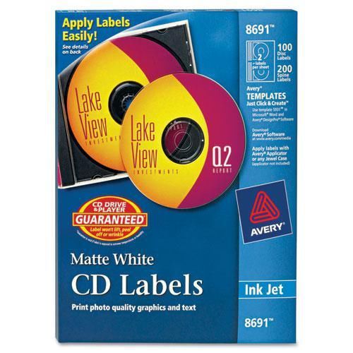 NEW AVERY 8691 Inkjet CD/DVD Labels, Matte White, 100/Pack