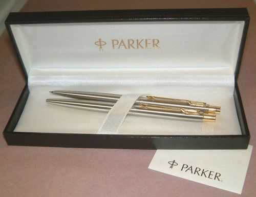 PARKER Brushed Stainless &amp; Gold Trim Classic Pen &amp; Pencil Set, NEW Old Stock