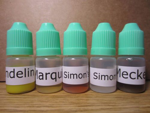 Marquis Mandelin Mecke and Simons Reagent.Five 5mL bottles for laboratory tests