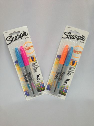 Sharpie NEON Fine Markers 2 Packs of 2 Pens ea Bright Pink, Aqua &amp; Orange NIP