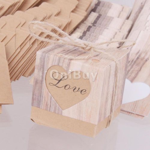 50 Jute Shabby Vintage Heart Rustic Kraft Wedding Gift Boxes Bark Candy Box