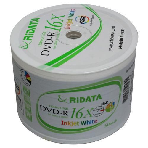 50-pk Ridata 16x DVD-R White Inkjet Hub Printable Blank Recordable DVD Media