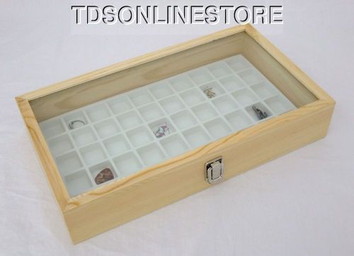 Natural wood glass top display case 50 compartment 2.75&#034; deep white for sale
