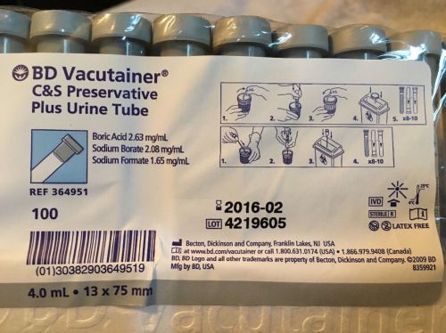 BD Vacutainer Urine C&amp;S Culture Tube Box of 100 Exp 7-2016