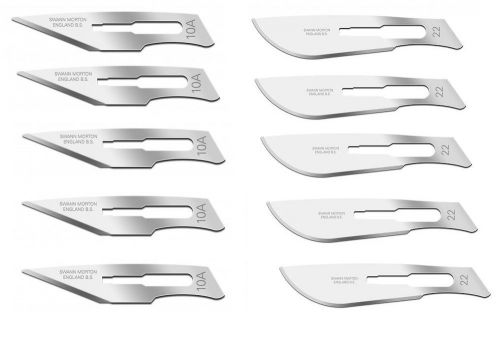 Set of 10 Swann Morton Sterile Carbon Steel Surgical Scalpel Blades #10A #22