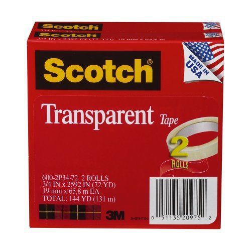 Scotch Transparent Tape, 3/4 x 2592 Inches, 3 Inch Core, 2 Rolls 600-2P34-72