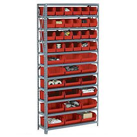 Open bin shelving w/11 shelves &amp; 42 red bins, 36x12x73 for sale