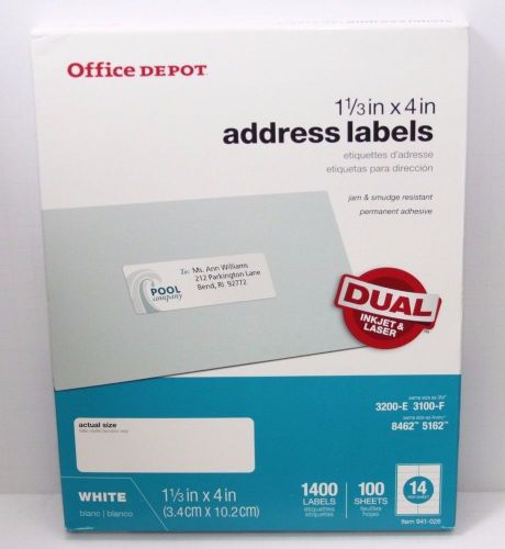 Office Depot 941-026 Avery 8462 5162 White Laser Labels 1 1/3&#034; x 4&#034; 1400 Labels