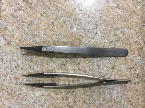 Lot of (2) techni-tool 2acf tweezer stainless steel plastic flat/round tip for sale